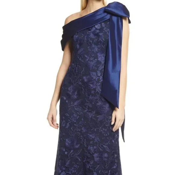 Tadashi Shoji | Dresses | Tadashi Shoji Navy Blue Lace Draped Oneshoulder  Gown W Taffeta Bow | Poshmark